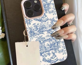 Funda para iPhone Blue Toile: estampado de dibujos animados vintage, protección a prueba de golpes.