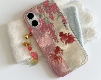 Funda para iPhone Koi Blossom: Cubierta floral pintada con colgante, diseño oriental.
