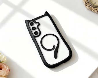 Funda MagSafe con orejas de gato para Samsung Galaxy S24-S26 Ultra / Cubierta transparente a prueba de golpes