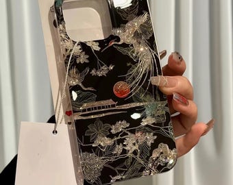 Funda para iPhone con diseño de grulla china: Cubierta con purpurina y paisaje, diseño oriental vintage.
