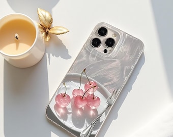 Funda para iPhone 15-17 Pro Max: Cubierta transparente a prueba de golpes con diseño de cereza y flor de uva.