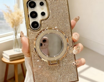 Funda con soporte y espejo de diamantes de imitación para Samsung Galaxy S23-S26 Ultra Plus