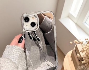 Funda para iPhone con forma de corazón y espejo, con cordón de perlas – Cubierta protectora transparente