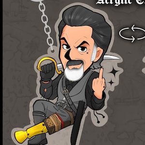 May include: Double-sided acrylic charm keychain featuring a cartoon character with a mustache and a sword. The character is holding a sword in one hand and giving a middle finger with the other. The charm is 3 inches in diameter.