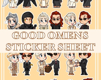 May include: A sticker sheet featuring 20 illustrated characters from the Good Omens TV series. The characters are depicted in a chibi style, with large heads and small bodies. The sticker sheet is printed on white paper with a light yellow background.