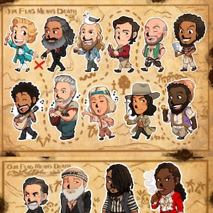May include: A set of 20 vinyl stickers featuring characters and imagery from the TV show "Our Flag Means Death". The stickers are printed on A5 sheets and are available for $12.