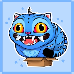 Peut inclure: Illustration de dessin animé d'un chat bleu avec de grands yeux jaunes et des dents pointues, assis dans une boîte en carton. Un petit oiseau portant un chapeau est assis sur la tête du chat. Le fond est bleu clair avec des étoiles.