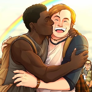 May include: Illustration of two young men embracing and kissing, with a rainbow in the background. Other people are in the background, wearing backpacks. The image has a cartoon style.