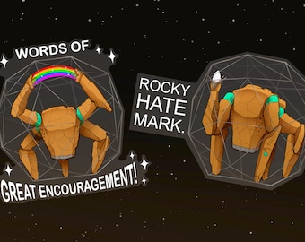 May include: Two brown, rock-like creatures with geometric bodies and teal accents are enclosed in wireframe spheres. The left creature holds a rainbow arch with the text "WORDS OF GREAT ENCOURAGEMENT!" and the right has the text "ROCKY HATE MARK."