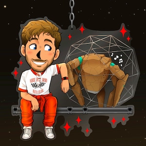 May include: An acrylic charm featuring a cartoon character with brown hair wearing a white t-shirt with the text Horse Shoe Bend Auto Club and orange pants, sitting next to a brown rock-like creature inside a geometric wireframe sphere.