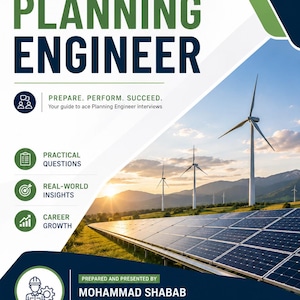 Puede incluir: Una portada de libro electrónico titulada Interview Questions Planning Engineer, con un paisaje de aerogeneradores y paneles solares. El texto incluye Prepare. Perform. Succeed., Practical Questions, Real-World Insights y Mohammad Shabab.