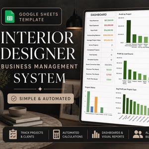 Può includere: Un dashboard digitale che mostra dati finanziari per le aziende di interior design. Lo schermo mostra grafici per entrate, spese e profitti. Il testo include "Interior Designer Business Management System" e "Google Sheets Template."