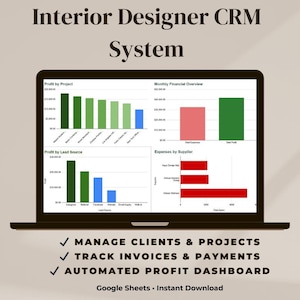 Puede incluir: Una computadora portátil muestra una interfaz de sistema CRM para diseñadores de interiores. La pantalla muestra gráficos para el análisis de ganancias, fuentes de clientes potenciales y gastos. El texto en la parte inferior destaca las funciones.