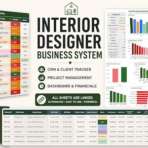Op de afbeelding: Een digitaal sjabloon voor een Interior Designer Business System met klantinformatie, projectmanagement en financiële dashboards. Het systeem omvat CRM, projecttracking en geautomatiseerde berekeningen.