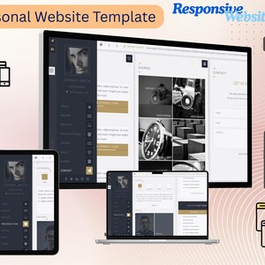 Peut inclure: Un modèle de site web personnel affiché sur un écran d'ordinateur, une tablette et un smartphone. L'interface présente une barre latérale sombre avec une photo de profil, des icônes de navigation et une zone de contenu principale claire.