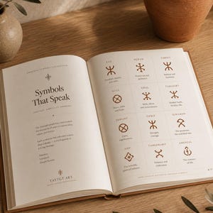 Può includere: Un libro aperto intitolato Symbols That Speak della Amazigh Symbols Collection di Tayygt Art. La pagina sinistra presenta un testo introduttivo, mentre la pagina destra mostra una griglia di dodici simboli amazigh marroni con i significati.