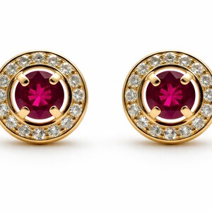 Ruby Stud Earrings for Women | 10K Gold Bezel Halo Red Gemstone Earrings | Fine Jewelry Gift for Her