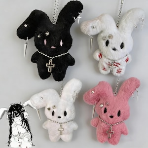Portachiavi coniglietto carino in stile pastel goth, ciondolo per borsa in peluche kawaii spettrale, portachiavi alternativo fatto a mano, portachiavi coniglietto estetico Y2K