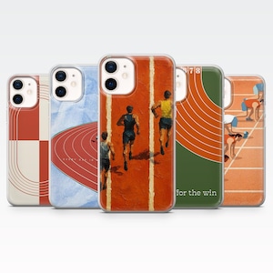 Könnte beinhalten: Eine Sammlung von Handyhüllen mit Leichtathletik-Designs. Die Hüllen zeigen Läufer auf einer Rennstrecke, ein Layout der Leichtathletik und den Text "for the win". Die Hüllen haben eine Vielzahl von Farben, darunter Rot, Orange und Grün.