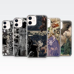 Może przedstawiać: Kolekcja etui na telefony z ilustracjami dark fantasy. Etui przedstawiają różne stworzenia i słowo "Wendigo" w gotyckiej czcionce. Projekty obejmują szkieletowe postacie, rogate bestie i ducha lasu.
