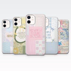 May include: A collection of phone cases with various designs and inspirational quotes. The cases feature a patchwork design with pastel colors, floral patterns, and text like "My Worth Is Found In Jesus" and "Love Like Jesus".