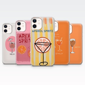 May include: A collection of five phone cases with Aperol Spritz-themed designs. The cases feature illustrations of cocktails, orange slices, and the words "Aperol Spritz" and "Giggles" in various fonts and colors, including pink, orange, and white.