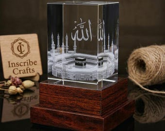 Personalized 3D Crystal Islamic Gift, Engraved Kaaba, Madinah, Allah Calligraphy Keepsake