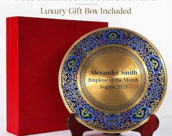 Personalized Brass Shield Award w Stand & Gift Box, Recognition Plaque, Employee Appreciation Gift, Retirement, Graduation, Corporate Award