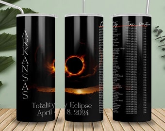 Éclipse de totalité, éclipse solaire de 2024, éclipse des villes de l'Arkansas, verre maigre 20 oz Sublimation Design téléchargement numérique PNG instantané numérique,