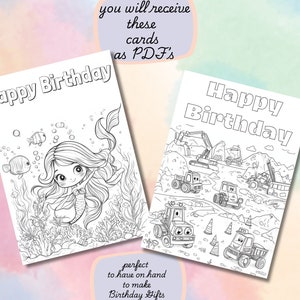 Tarjetas de felicitación imprimibles coloreables para niños / Temática de sirenas y vehículos de construcción / Descarga digital PDF / Tarjetas para colorear para niños DIY