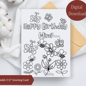 Colorable Happy Birthday Mimi Geburtstagskarte, Mimi Grußkarte, Mimi Grußkarte, Blumen für Mimi Geburtstagskarte zum Ausmalen, druckbare Karte