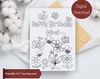 Carte d'anniversaire colorable Happy Birthday Mimi, carte de voeux Mimi, carte de voeux Mimi, fleurs pour carte d'anniversaire Mimi à colorier, carte imprimable