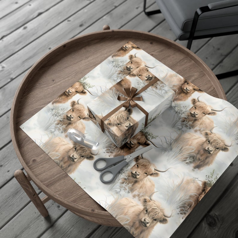 Highland Cow Christmas Wrapping Paper, Farmer Gift Wrap, Mini Highland