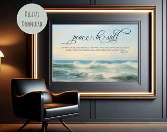 Peace Be Still Ocean Printable Wall Art, Christian, Écriture, Mark 4 39, Bible Verse Art, Téléchargement numérique, Différentes tailles, Moderne, Plage