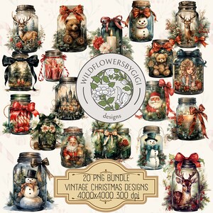 Watercolor Mason Jar Vintage Christmas Clipart Bundle, Vintage, Christmas, Canning Jar, Santa, Deer, Christmas PNG Clipart, Vintage Clipart