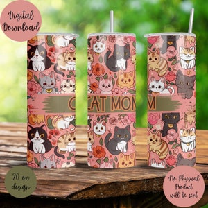 Cat Mom Kawaii, Cat Lover, Cat Collage, Crazy Cat Lady, 20 oz Skinny Tumbler Sublimation Design Digital Download PNG Instant DIGITAL,