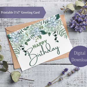 Cartão de aniversário floral em aquarela de suculentas para impressão, cartão de feliz aniversário floral, cartão de aniversário para ela, download digital, aniversário para ela
