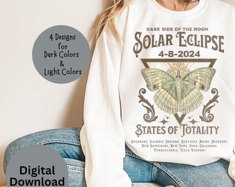 Totality Eclipse éclipse solaire 2024, style rocker, éclipse vintage, sublimation design lot 4 téléchargement PNG papillon papillon solide clair foncé