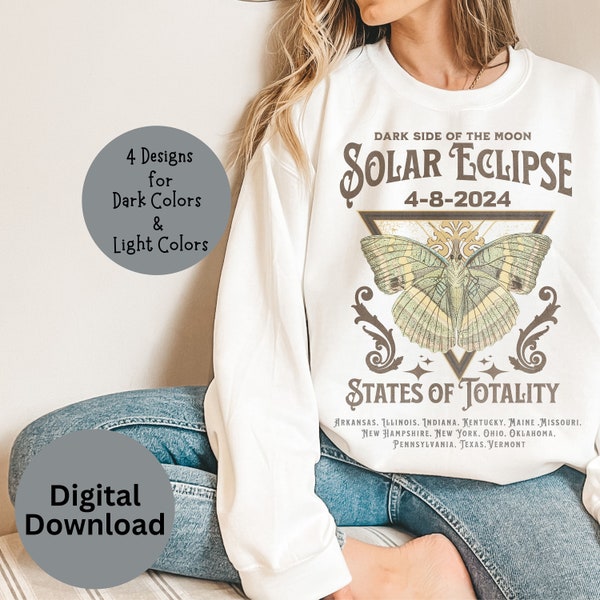 Totality Eclipse 2024 Solar Eclipse, Rocker Style, Vintage Eclipse, Sublimation Design Bundle 4 Download PNG Light Dark Solid Butterfly Moth