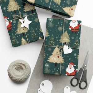 Retro Christmas Tree Wrapping Paper, Santa Watercolor Christmas Gift Wrap Vintage Ephemera Christmas Gift Wrap 50&#39;s Santa, Mid Century Santa