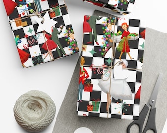 Papel de regalo navideño retro de mediados de siglo, estilo retro de los años 50, para mujeres y amas de casa, papel de regalo navideño, retro, década de 1950, ama de casa de los años 50