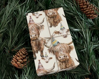 Highland Cow Birthday Wrapping Paper Gift Wrap Best Friend Girl Boy Party Farm Cow Lover Scottish Cow Animal Boho Trendy