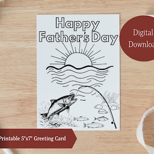 Tarjeta coloreable del Día del Padre Feliz, Tarjeta de Felicitación de Papá, Tarjeta de Felicitación del Día del Padre, Tarjeta de Papá Pescador a Color, Tarjeta Imprimible, Papá de Juego de Pescado