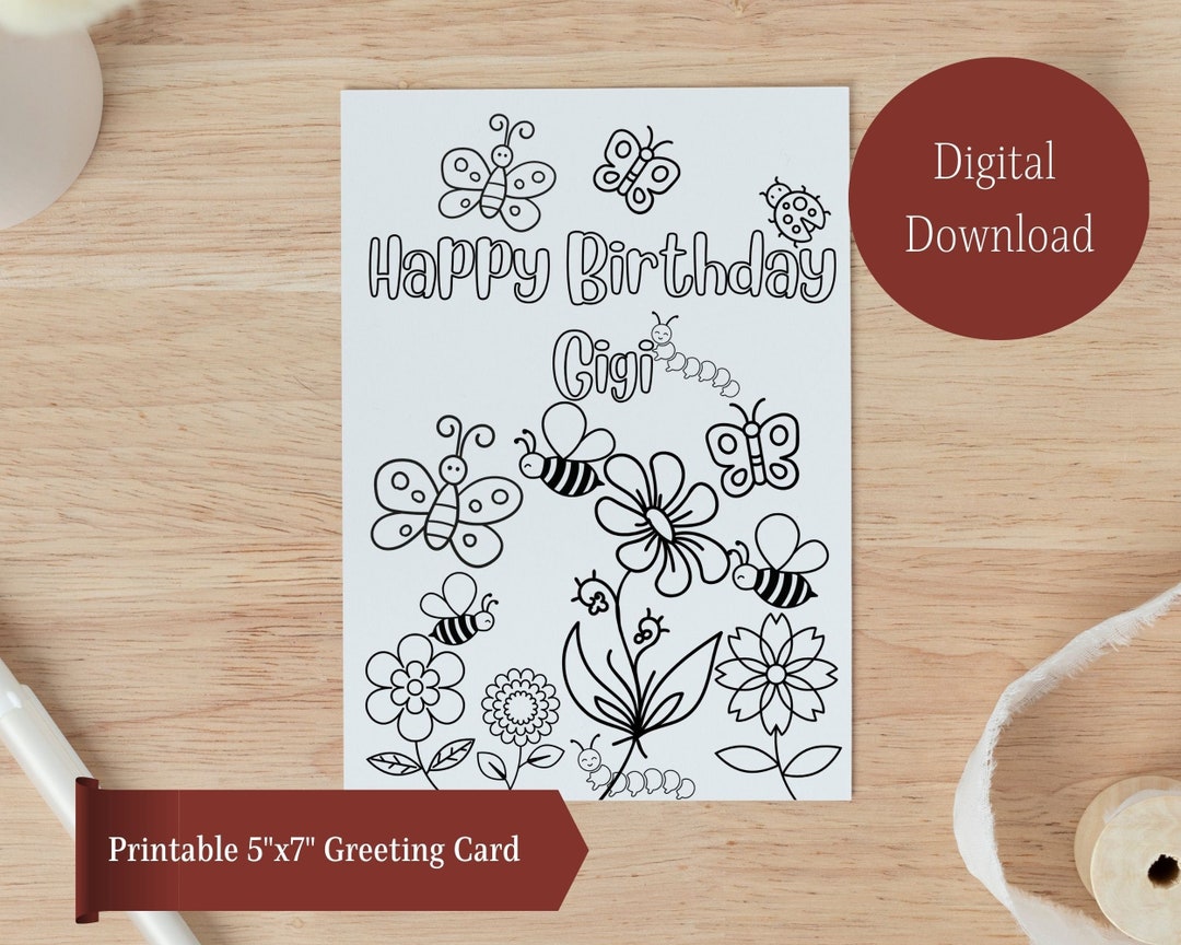 Colorable Happy Birthday Gigi Birthday Card, Gigi Greeting Card, Cow