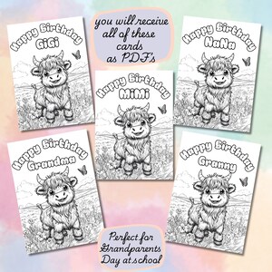 Tarjeta de cumpleaños de Gigi de feliz cumpleaños colorable, tarjeta de vaca de las Tierras Altas, tarjeta de cumpleaños de Gigi, tarjeta de cumpleaños de la granja para colorear, tarjeta de cumpleaños imprimible