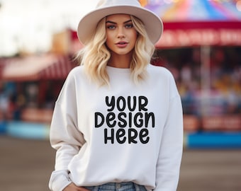 Gildan 18000 Sweatshirt Mockup, Fall Model Mockup, Fair Background, Carnival Mockup, White, Natural Sweatshirt, Boho Inspiration Fall Mockup