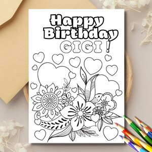 Colorable Happy Birthday Gigi Geburtstagskarte, Blumenkarte, Mandala Geburtstagskarte, persönliche Geburtstagskarte zum Ausmalen, druckbare Geburtstagskarte