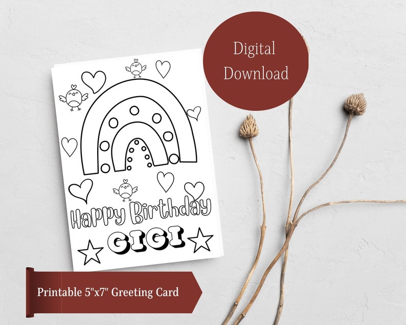 Colorable Happy Birthday Gigi Birthday Card, Gigi Rainbow Card, Gigi