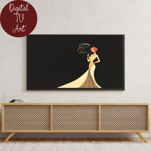 May include: A digital art print of a woman in a yellow dress with red hair, smoking a cigarette. The background is black.