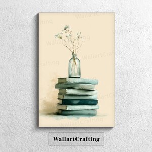 Book Wall Art Print, Watercolor Still Life Print, Living Room Wall Art, Book Lover Gift Idea, Teal Beige Wall Art, Bedroom Wall Art
